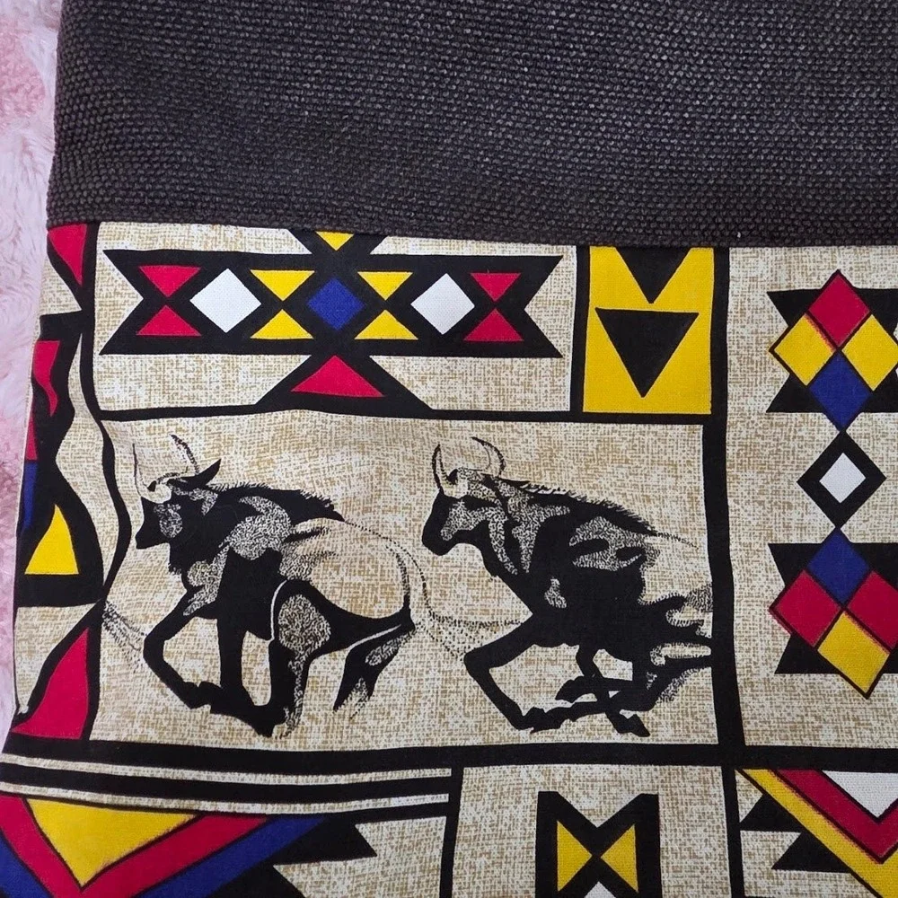 African Tribal Print Canvas Tote Bag Wildebeest Safari Geometric Shopper Grey